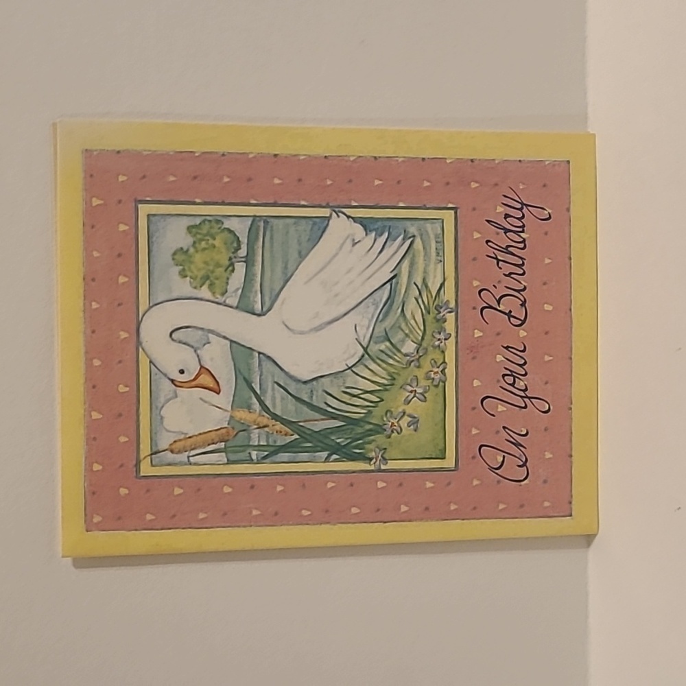Vintage Walter Drake Pink and Yellow Border White Goose Theme Birthday Card